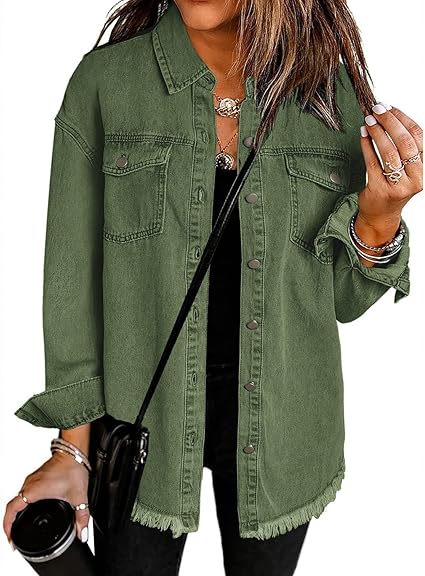 Vetinee Women’s Oversized Button Up Frayed Hem Shacket Long Sleeve Pockets Denim Jean Jacket at Amazon Womens Coats Shop