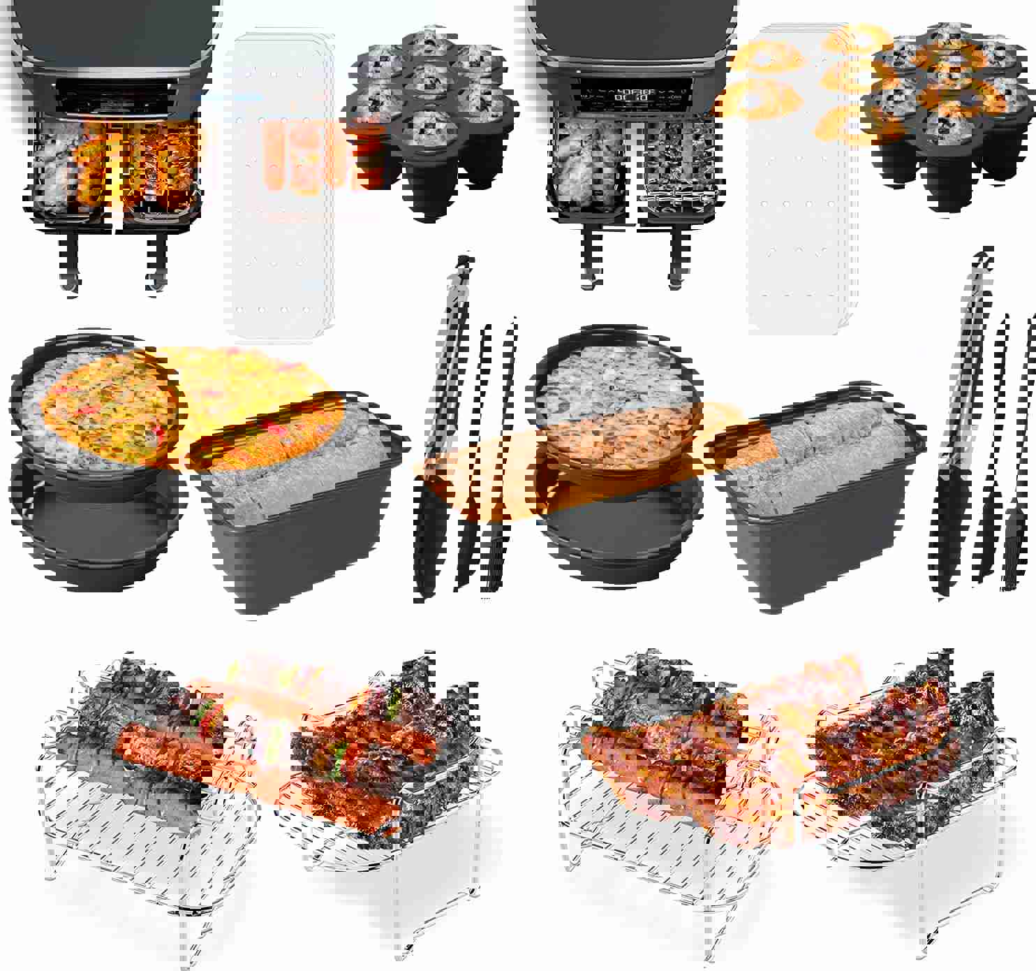 Dual Basket Air Fryer Accessories, Set of 10 Fit for Ninja Dual Air Fryer DZ201, DZ401 &amp;amp; Most 8 Quart - 10 Quart and Larger Dual Zone Air Fryer, Include Cake Pizza Pan, Rack &amp;amp; Skewer, Paper Liner, etc