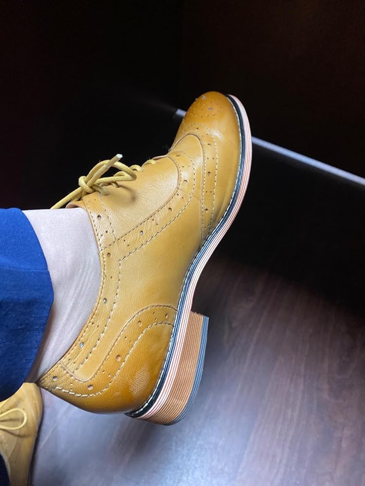 Mona flying Womens Leather Flat Oxfords Shoes for Women Perforated Lace-up Wingtip Vintage Brogues Shoes