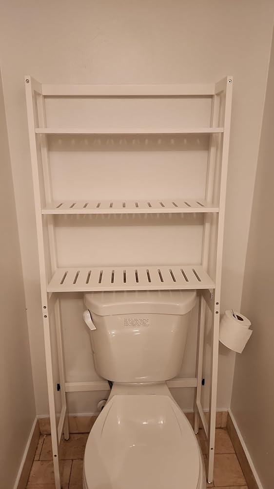 MallKing Over The Toilet Storage, Wooden 3-Tier Over-The-Toilet Rack Bathroom Space Saver Organizer, Freestanding Above Toilet with Toilet Paper Holder and Hooks (White)