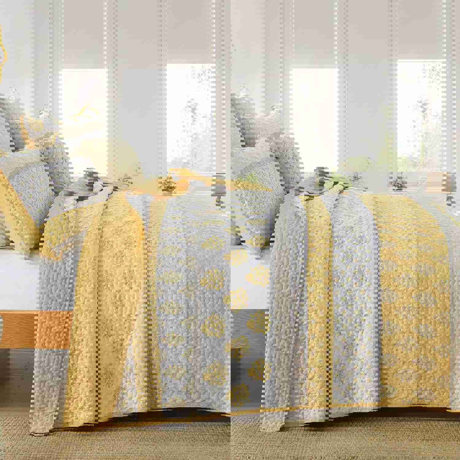 Cottolester Boho Quilt Set Queen Size,Yellow Striped Bedspread 3 Pieces,Floral Bedding Set,Soft Microfiber Quilt with 2 Pillow Shams 96&amp;#34; x90&amp;#39;&amp;#39;