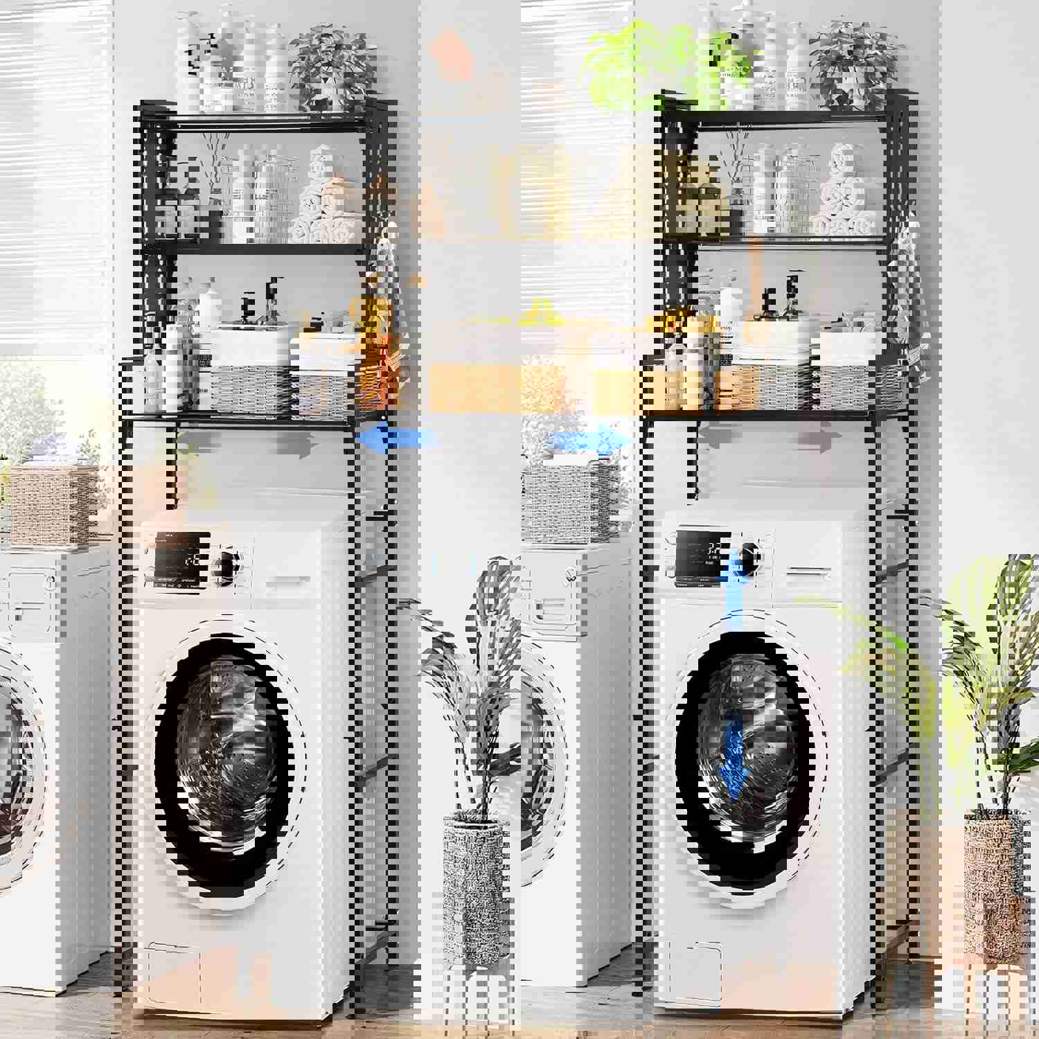 AOHMPT Over The Toilet and Washer Storage Shelf, Bathroom Storage and Organizer Rack,Laundry Room Space Saver with Adjustable Shelves (Black 2)
