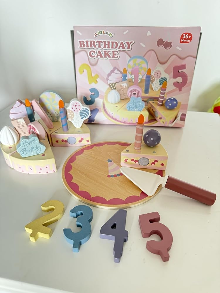 Wooden Birthday Party Cake Play Food Sets for Kids Kitchen Accessories Pretend Toy Toddlers 1-3 Party Gift Boys Girls Educational Toys