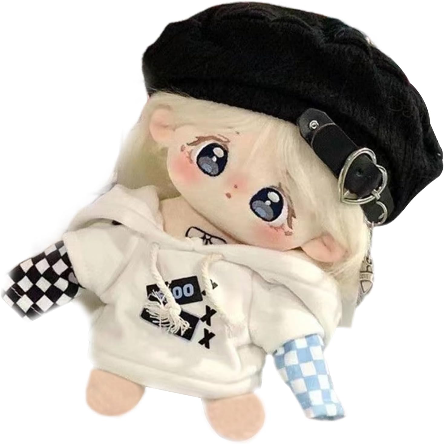 Ruyumei 20cm Kawaii Anime Cotton Doll Plushie with Embroidered Big Eyes, Girl&amp;#39;s Favorite, Dressed in White Hoodie and Black Hat, Accessorized with Red Shoes (Doll &amp;amp; Clothes, Skeleton)