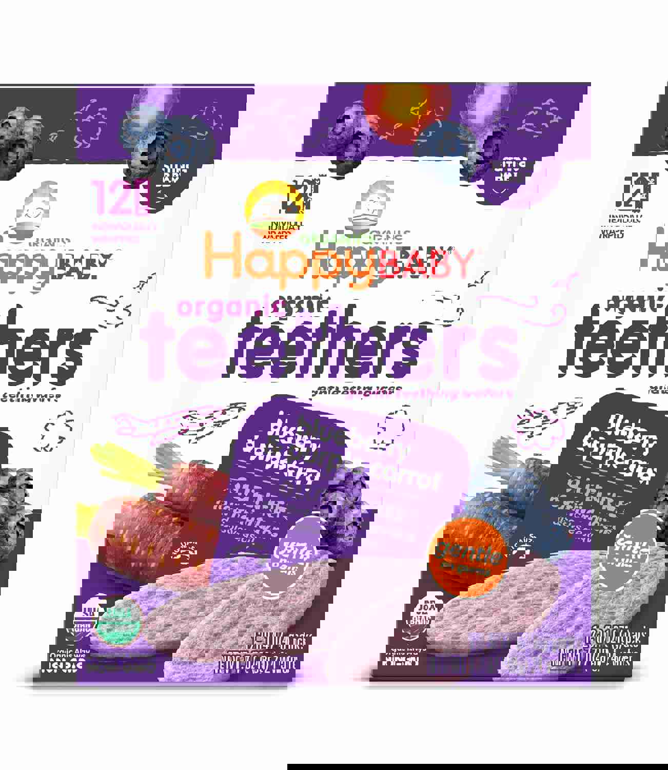 Happy Baby Organics Baby Snacks, Gentle Teething Wafers, Gluten Free & Vegan, Blueberry & Purple Carrot, 12 Count (Pack of 6)