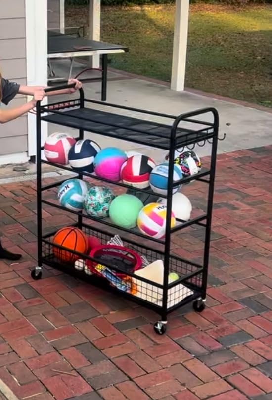 EXTCCT Garage Sports Equipment Organizer - Rolling Ball Storage Bin with Wheels, Garage Sports Gear Rack Outdoor Basketball Racks for Balls with Baseball Bat Holder and Hooks, Toy Organizer