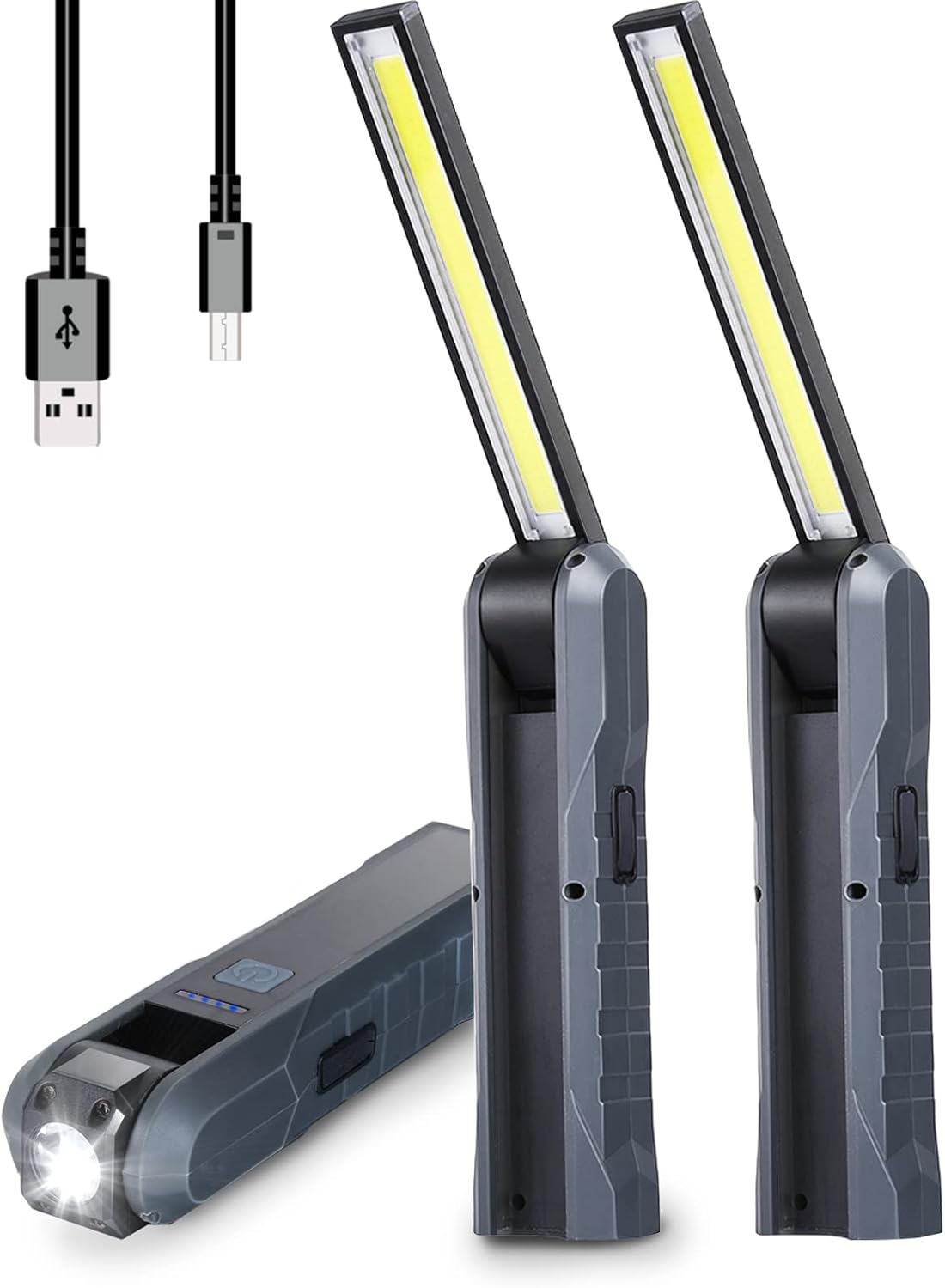 Durapower Rechargeable LED Work Light Automotive Foldable USB Portable Flashlight Work Light with Magnetic Base, Hook, 270º Rotate, Power Indicator for Mechanic, Repair, Camping, Emergency BBQ - 2pack