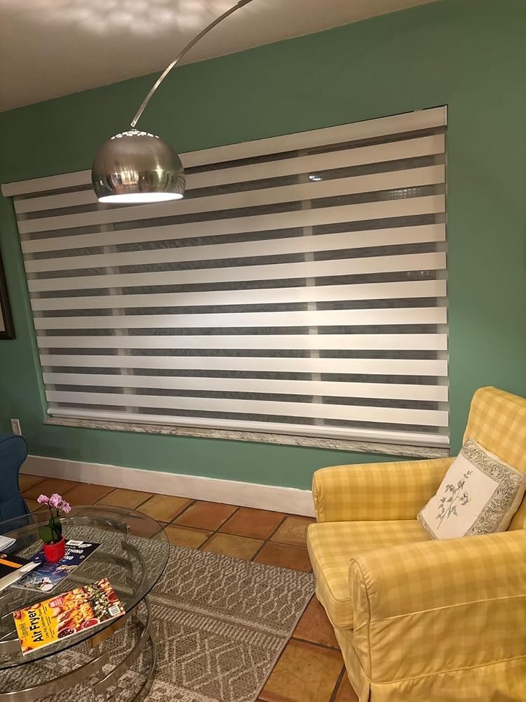 Yoolax Motorized Zebra Blinds Compatible with Alexa, Smart Dual Layer Shades with Privacy Light Control, Electric Horizontal Window Blind Customized Size for Home Office (Warm Silver)