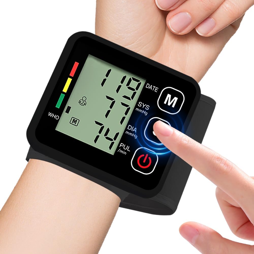 Blood Pressure Monitor Wrist for Home Use, Heart Rate Monitor & Large Blood Pressure Wrist Cuff, Large LCD Display