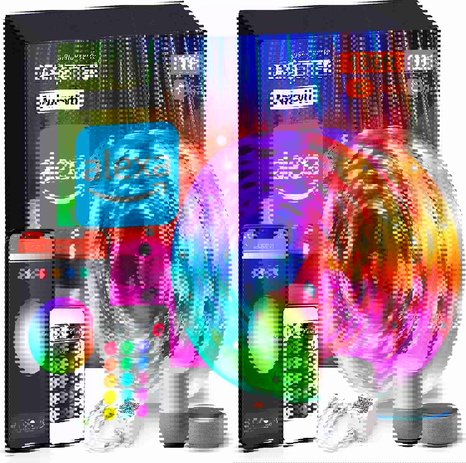 DAYBETTER Smart WiFi Led Lights 100ft, Tuya App Controlled Led Strip Lights, Work with Alexa and Google Assistant, Timer Schedule, Color Changing Led Lights for Bedroom Party Kitchen