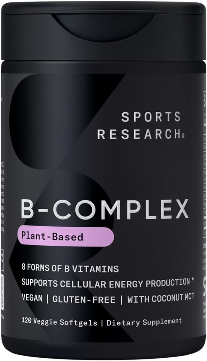 Sports Research® Vegan Vitamin B Complex - All 8 Active Forms with Methyl Folate, Methyl B12, B6, Biotin w/Choline & Inositol - Cellular Energy Support* - Vegan · Gluten Free · Non-GMO - 120 Softgels