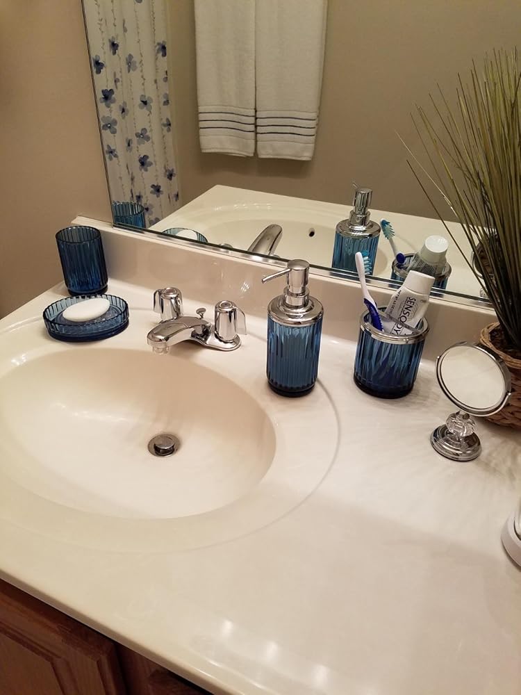 4PCs Heavy Weight Decent Blue Glass Bathroom Accessories Set with Decorative Pressed Pattern - Includes Hand Soap Dispenser & Tumbler & Soap Dish & Toothbrush Holder (Metal)