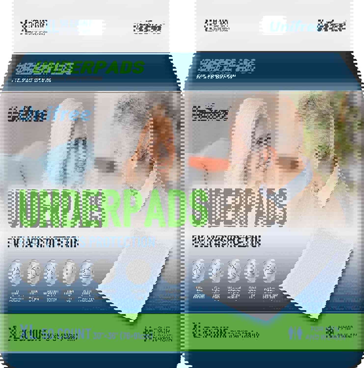 Unifree Disposable Underpads, Bed Pads, Incontinence Pad, Super Absorbent, 50 Count, Blue (XL 30x36 Inch)