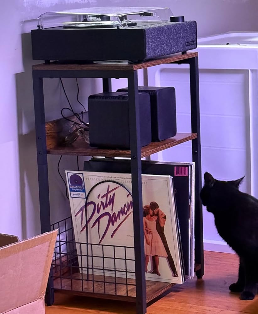 LELELINKY Black End Table, Small Side Table with Metal Frame,Modern Record Player Stand with Storage Shelf, Wood 3 Tier Sofa Bedside Tables, Narrow Nightstand for Living Room Bedroom Office