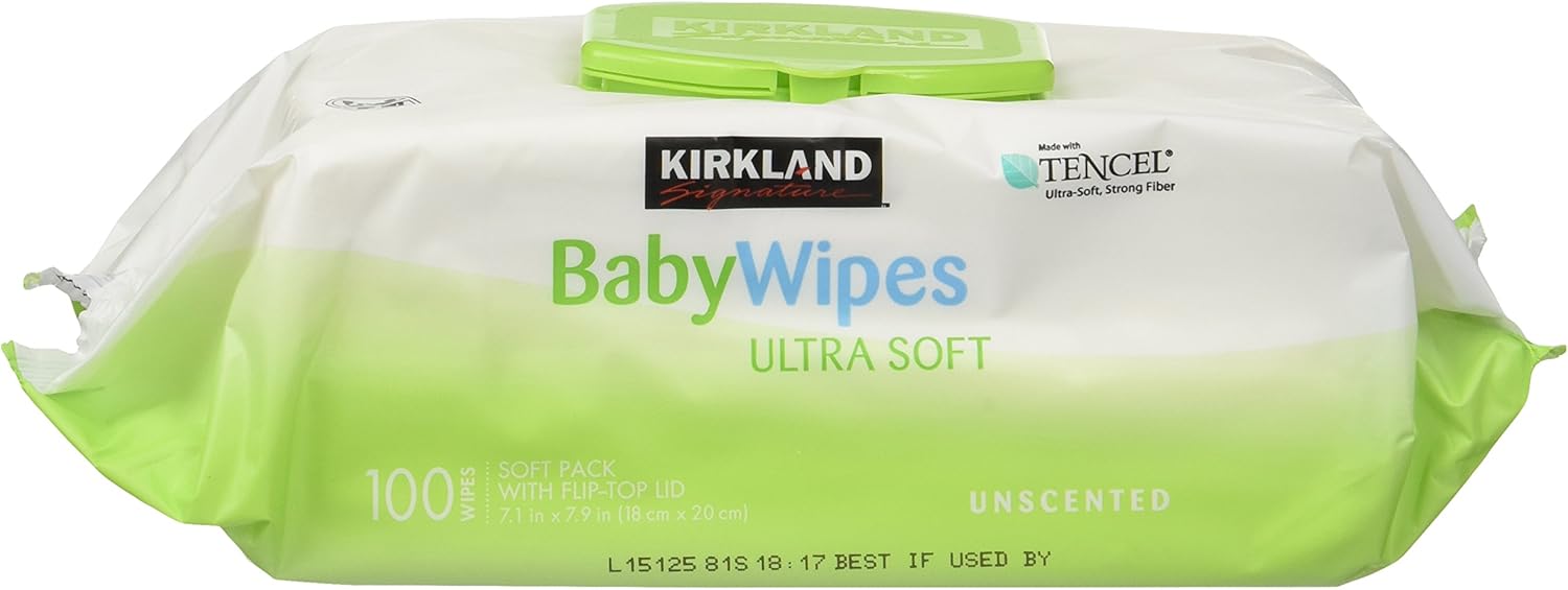 Baby Wipes Unscented Ultra Soft by Kirkland with Flip top Lid, 100 Count (Pack of 3)