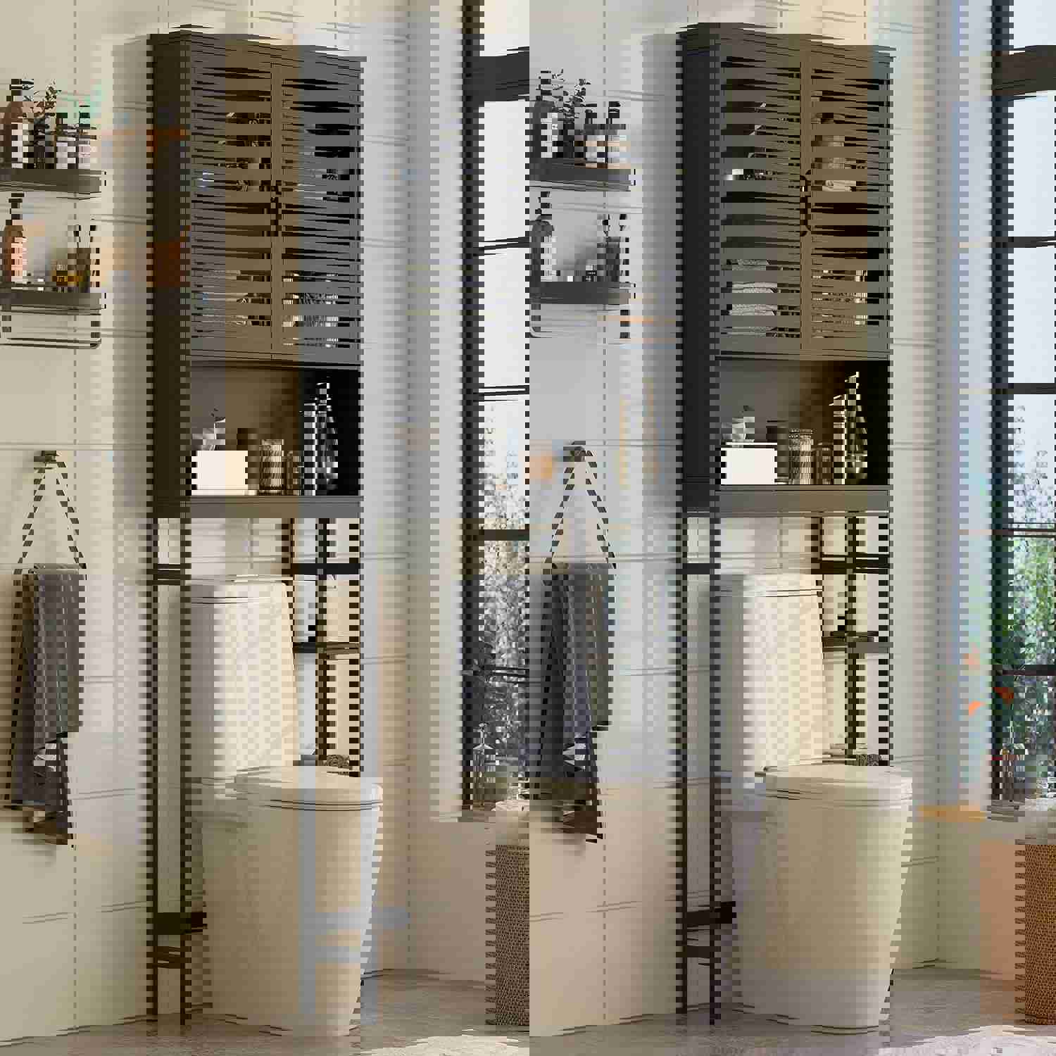 Halitaa Over The Toilet Storage Cabinet, Bamboo Bathroom Cabinet with Adjustable Inside Shelf and Open Shelves, Freestanding Space-Saving Toilet Rack with Anti-Tip Design for Bathroom, Laundry, Black