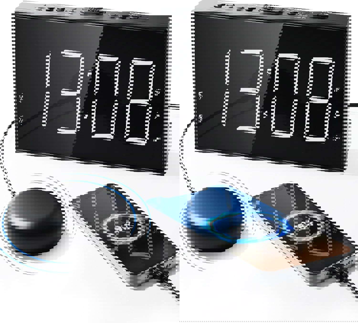 Loud Alarm Clock with Bed Shaker for Heavy Sleeper, Dual Vibrating Alarm Clock with USB Charger for Hearing-impaired Deaf, 7.5’’ Large LED Display with Dimmer, Snooze, 12/24H & Battery Backup