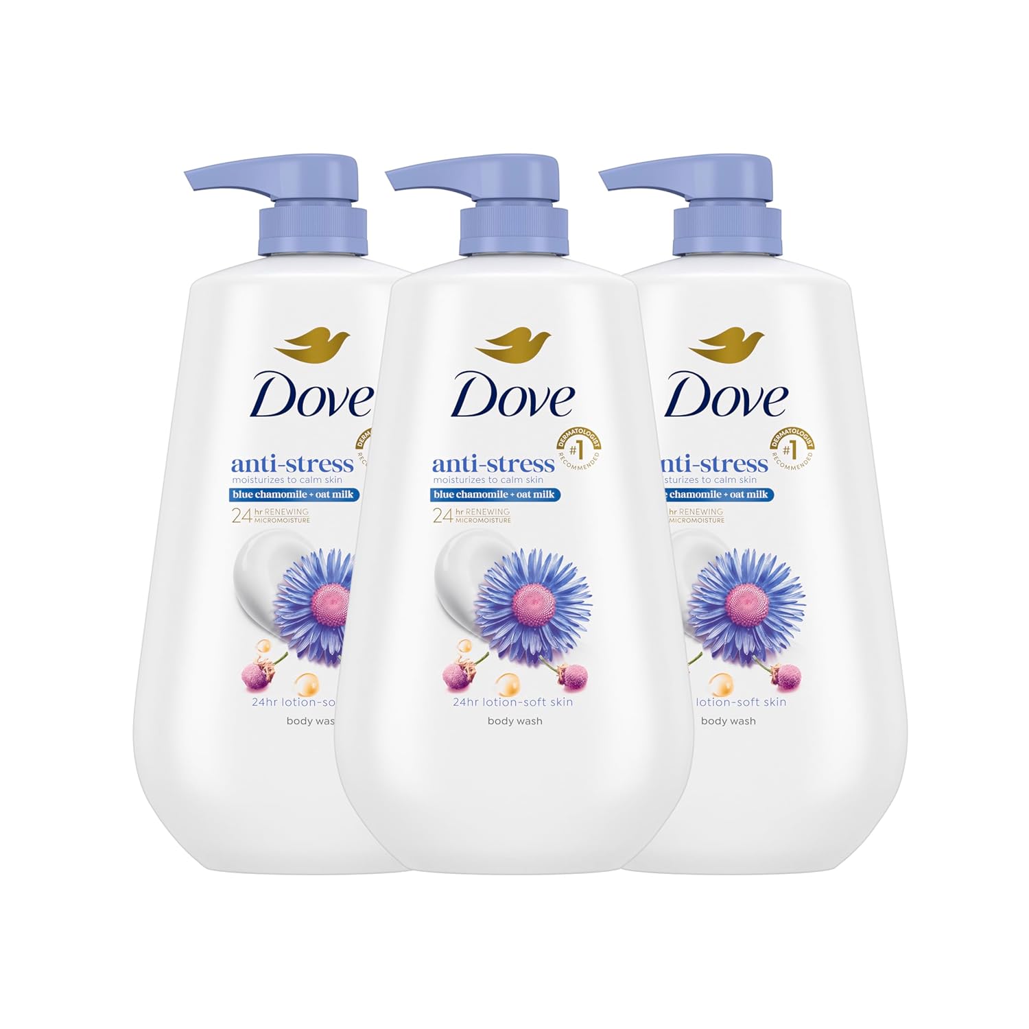 Dove Body Wash with Pump 3 Count Anti-Stress Blue Chamomile &amp; Oat Milk, for 24hr Lotion-Soft Skin Moisturizing Skin Cleanser with No Sulfates No Parabens