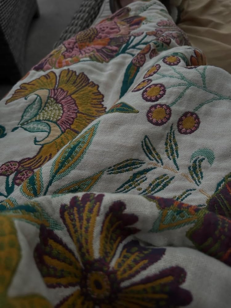 XIBLC Boho Throw Blanket, 100% Cotton Ultra Soft Luxury Throw Rustic Quilt, 50"x60" Floral Bird Butterfly Farmhouse Decor Bed Blankets, All Season Rustic Reversible Bohemian Throw for Bed - Yellow