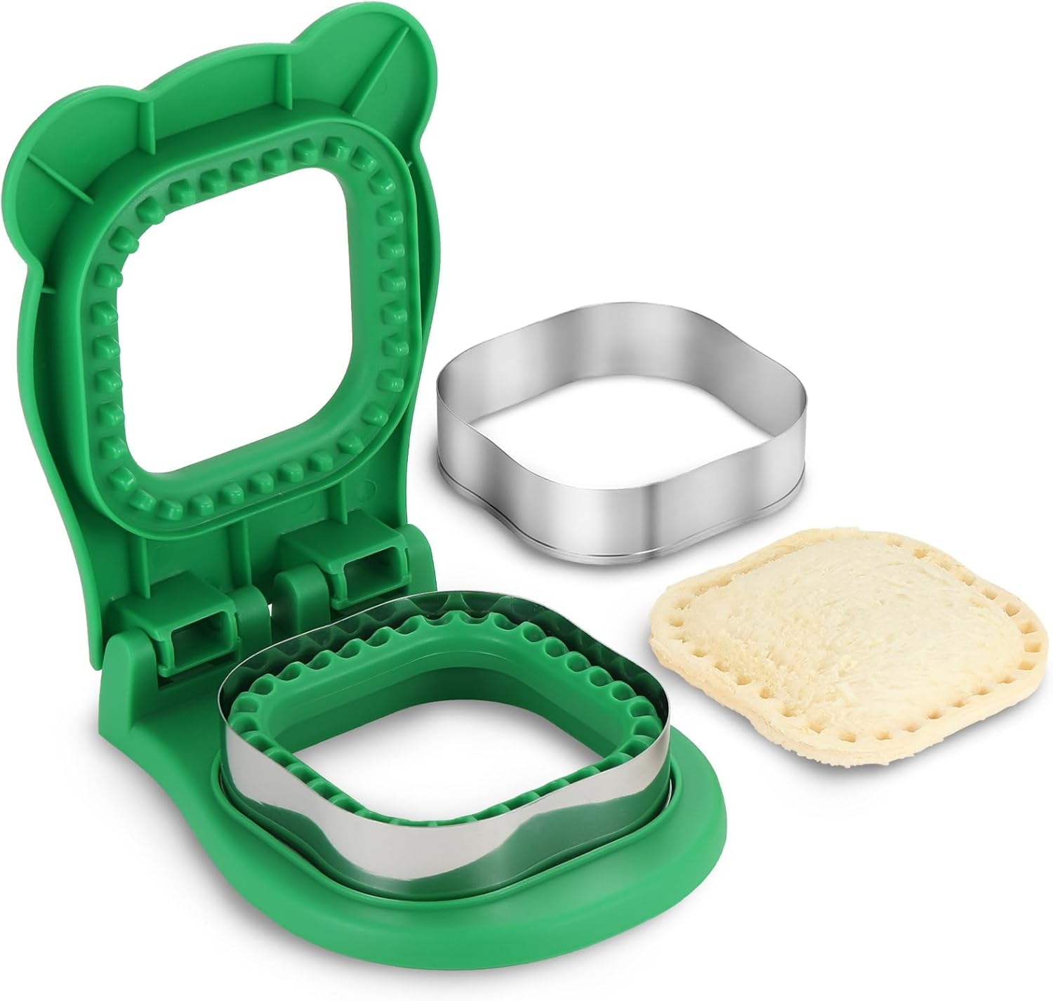 Junejour Sandwich Press Uncrustables for Kids 4 inch Round Shape Sandwich Cutter and Sealer, Crustless Sandwich Press Mold Cookie Bread Pancake Maker for Boys Girls Lunch (B - Square 3 - Green)