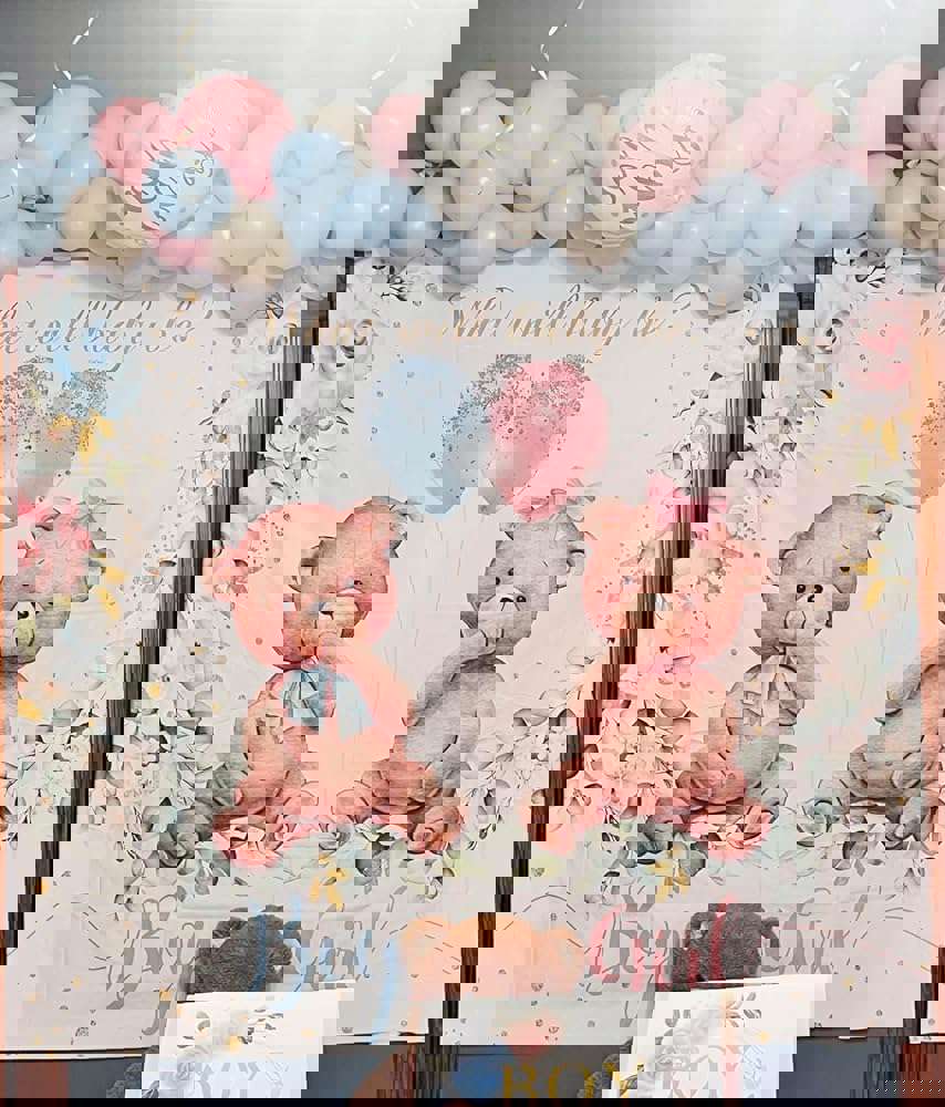 MEHOFOND 7x5ft Bear Gender Reveal Baby Shower Party Backdrop Boy or Girl Blush Pink Blue Floral Photography Background Party Decor Blue and Pink Balloons Gold Confetti Photobooth