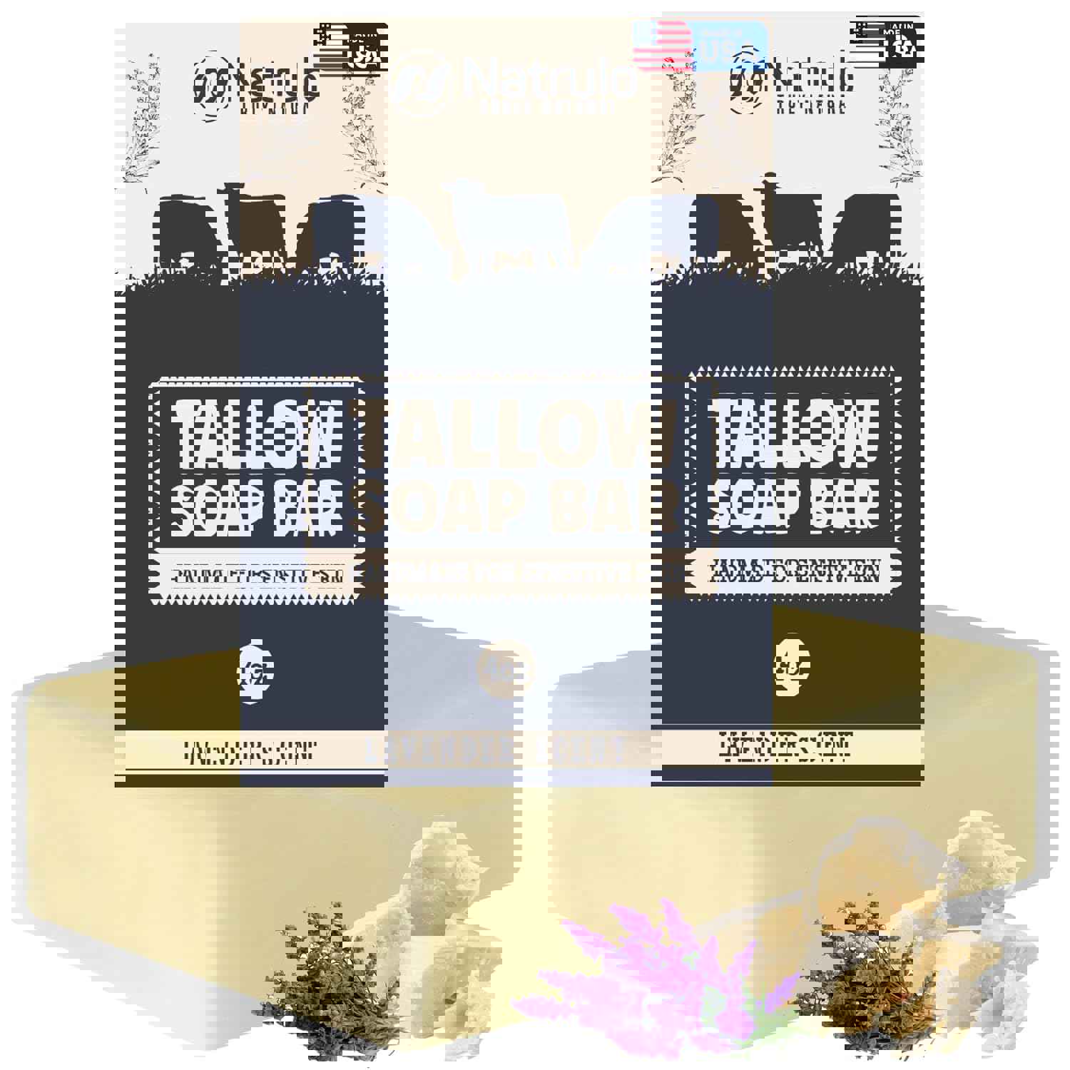 Beef Tallow Soap Bar – All Natural Grass Fed Tallow Soap Lavender – Moisturizing Face & Body Wash Great for Eczema, Dry, Itchy, Sensitive Skin – Handcrafted Bath Soap for Adults, Kids, Made in USA