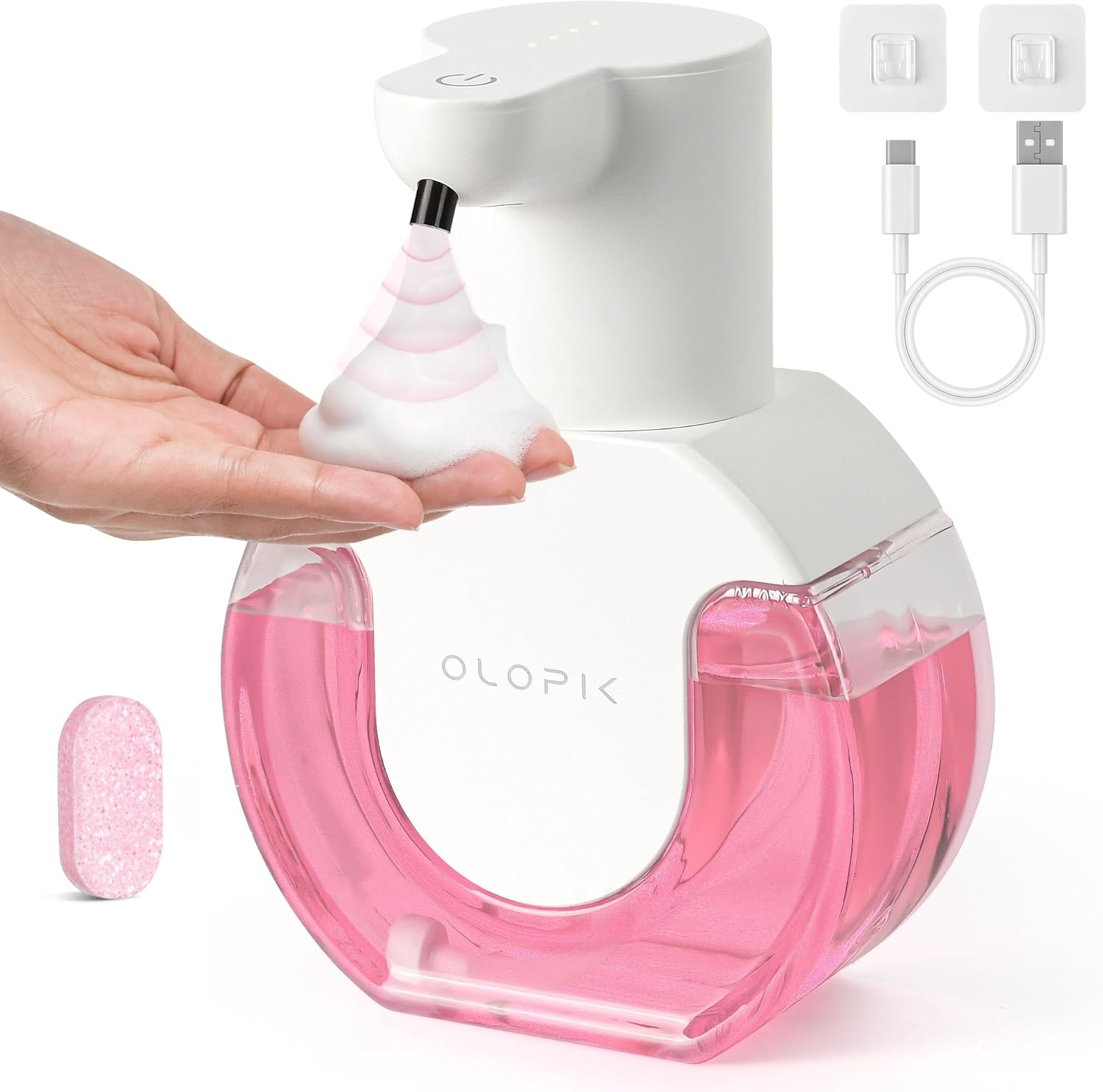 OLOPIK Automatic Foaming Soap Dispenser Touchless Wall Mount and Scented Tablet Included 15oz auto with 4 Levels Adjustable USB Rechargeable Infared Sensor for Bathroom Kitchen, White