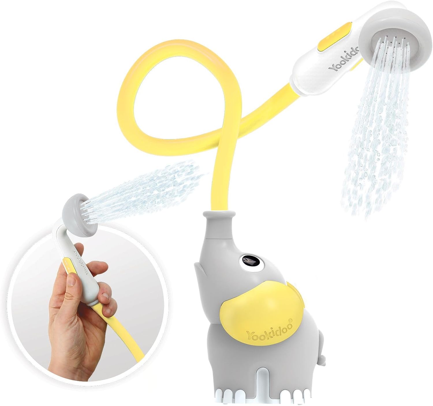 Yookidoo Baby Bath Shower Head - Elephant Water Pump with Trunk Spout Rinser - Control Water Flow from 2 Knobs for Maximum Fun in Tub or Sink for Newborn Babies (Yellow)