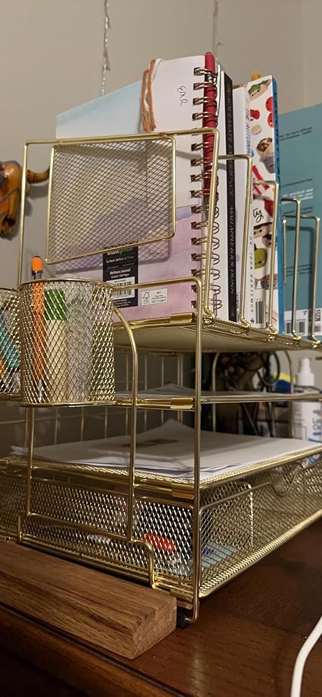 Marbrasse Desk Organizer with Drawer, 4-Tier Mesh Desk File Organizer with 5 Vertical File Holders and 2 Pen Holders, Multifunction Desktop Organizer