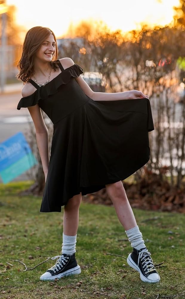 Arshiner Girls Summer Dress Off Shoulder Flutter Sleeve Midi Swing Cassual Formal Dresses with Pocket