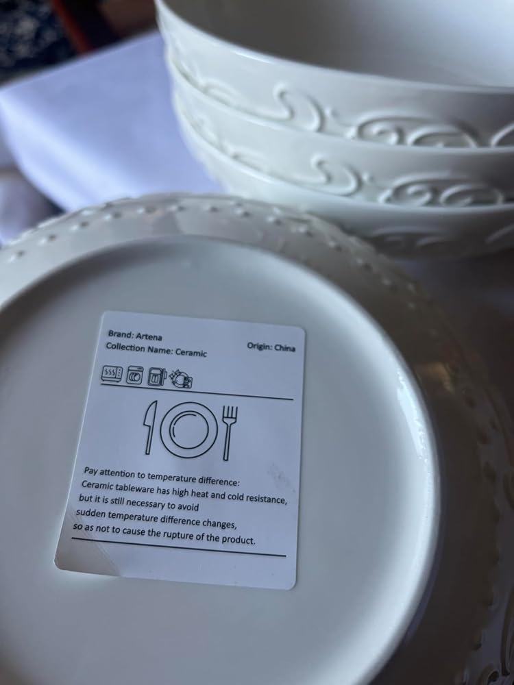 Artena Pasta and Salad Bowls 32oz, Ceramic Large 8 inch, Embossed Soup Set of 4, White Serving for Entertaining, Wide Shallow Dinner, Microwave Dishwasher Oven Safe (Mixed Pattern)