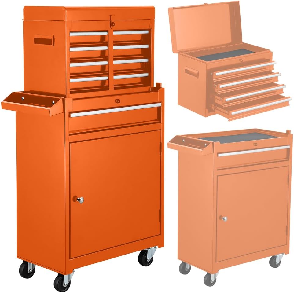 BouPower Large Tool Box,5 Drawer Orange Rolling Tool Chest On Wheels with Snap on Tool Box Top Chest,Locking Mechanic Tool Cabinets for Garage,Workshop,Repair Shop