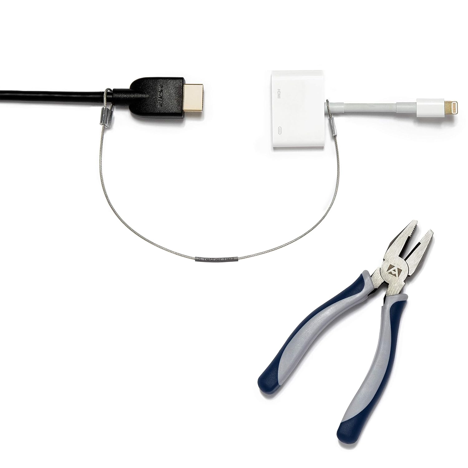 Patented Pre-Assembled Adapter Ties - Anti-Theft Cable Locks for Tools, Dongles, Tethers, Computer adapters. Steel Cable, Security Lock, Easy Installation with Free Crimping Tool