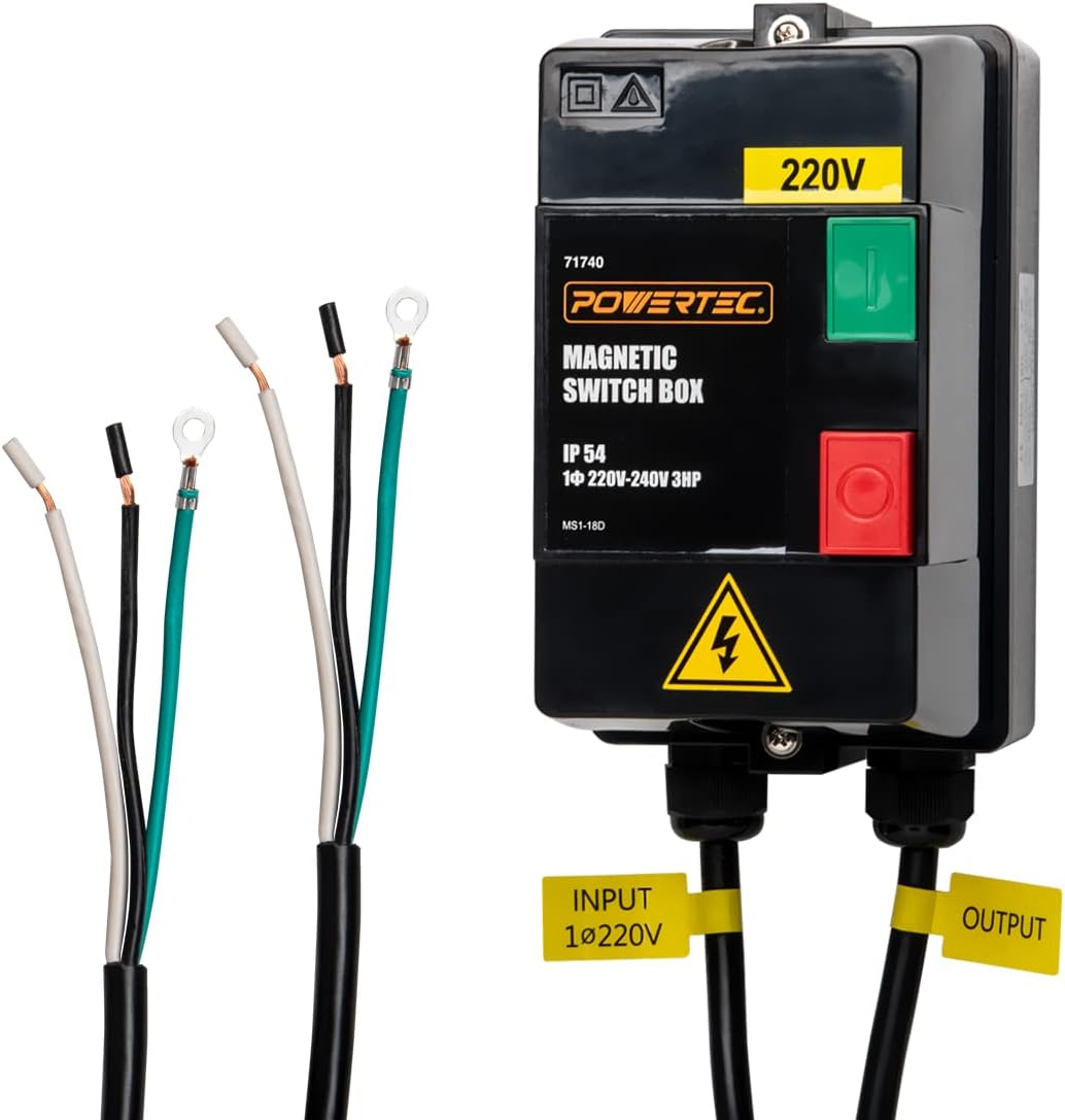 POWERTEC Prewired 220/240V Magnetic Switch Box, 3HP, Single Phase, On/Off Push Button for Power Tools Fast Power Off. UL Certified. Includes 3-Wire Motor/Load and Power/Line Cords (71740)