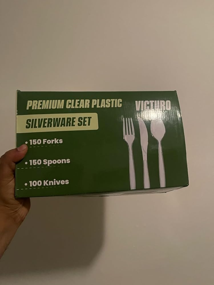 VICTURO 300 Count Clear Plastic Silverware Set - 120 Plastic Forks, 120 Spoons, 60 Knives, Heavy Duty, BPA-Free, Heat Resistant, Disposable Cutlery Set for Parties, Weddings, and Daily Use