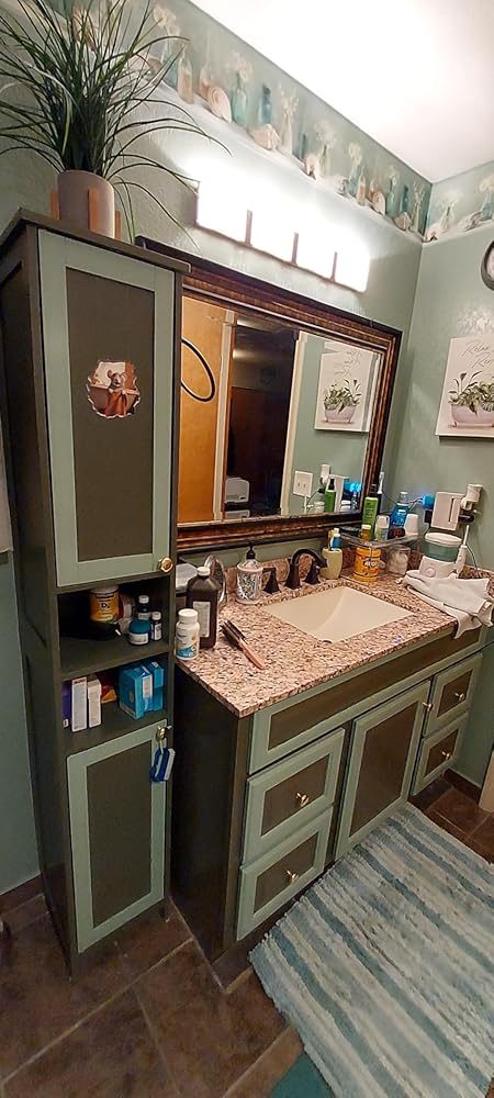 VASAGLE Tall Bathroom Cabinet with Lights, Slim Bathroom Storage Cabinet, Freestanding Narrow Cabinet with Adjustable Shelves, for Small Spaces, Modern, 11.8 Inches Wide, Forest Green UBBC566C01