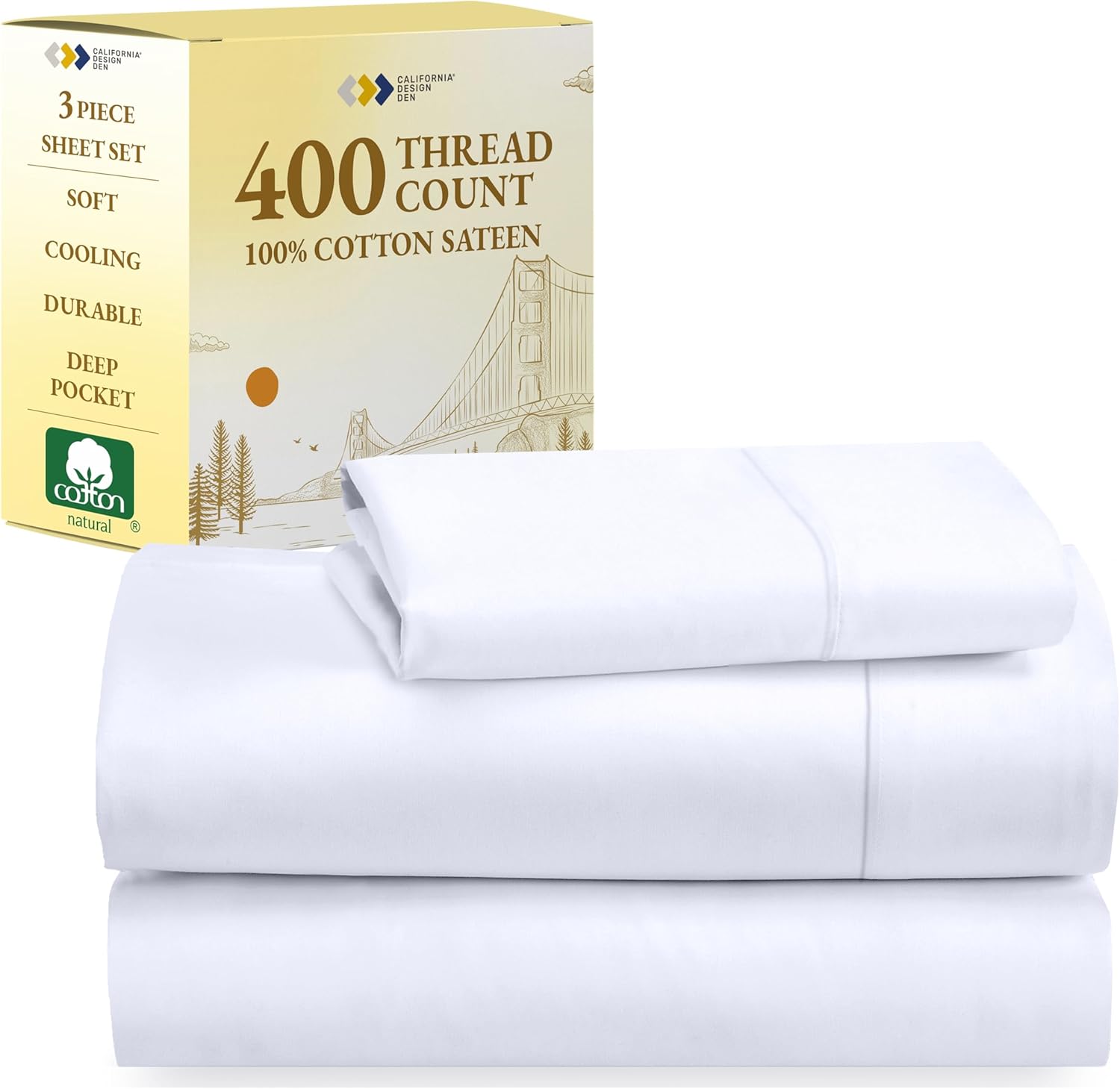 California Design Den Twin Sheets Set - Soft 400 Thread Count Sateen, Natural 100% Cotton Sheets, Deep Pockets with All Around Elastic for A, Cool &amp; Durable Bedding Set - White