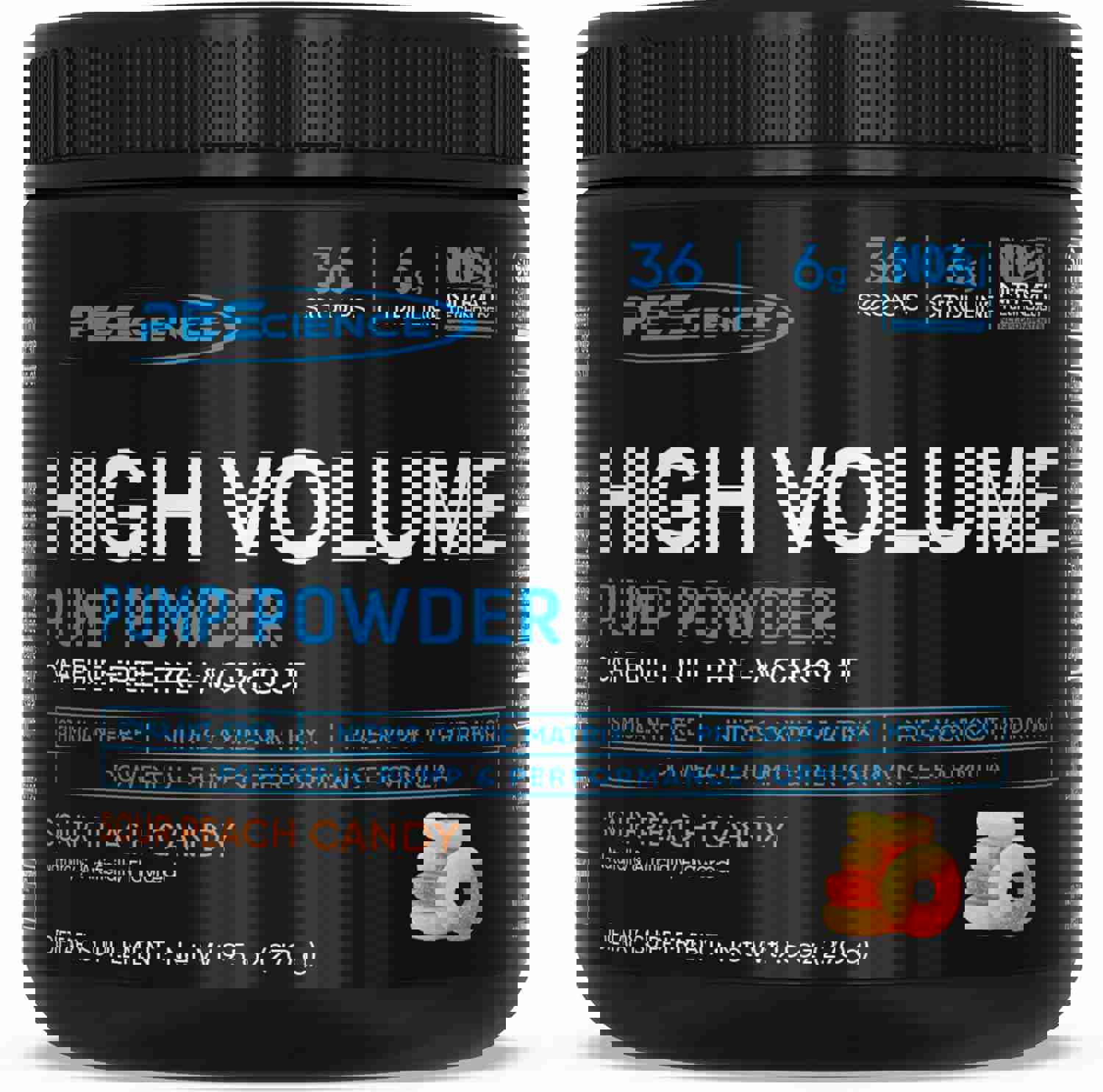 PEScience High Volume Nitric Oxide Booster Pump Pre Workout Powder, Sour Peach Candy, 36 Scoops, Caffeine Free