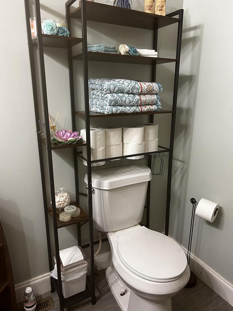 Kalrin 8-Tier Over The Toilet Storage with Side Rack, Over Toilet Storage Rack with Adjustable Shelf & Drain Basket, Freestanding Bathroom Organizer for Balcony, Laundry (Vintage Brown)