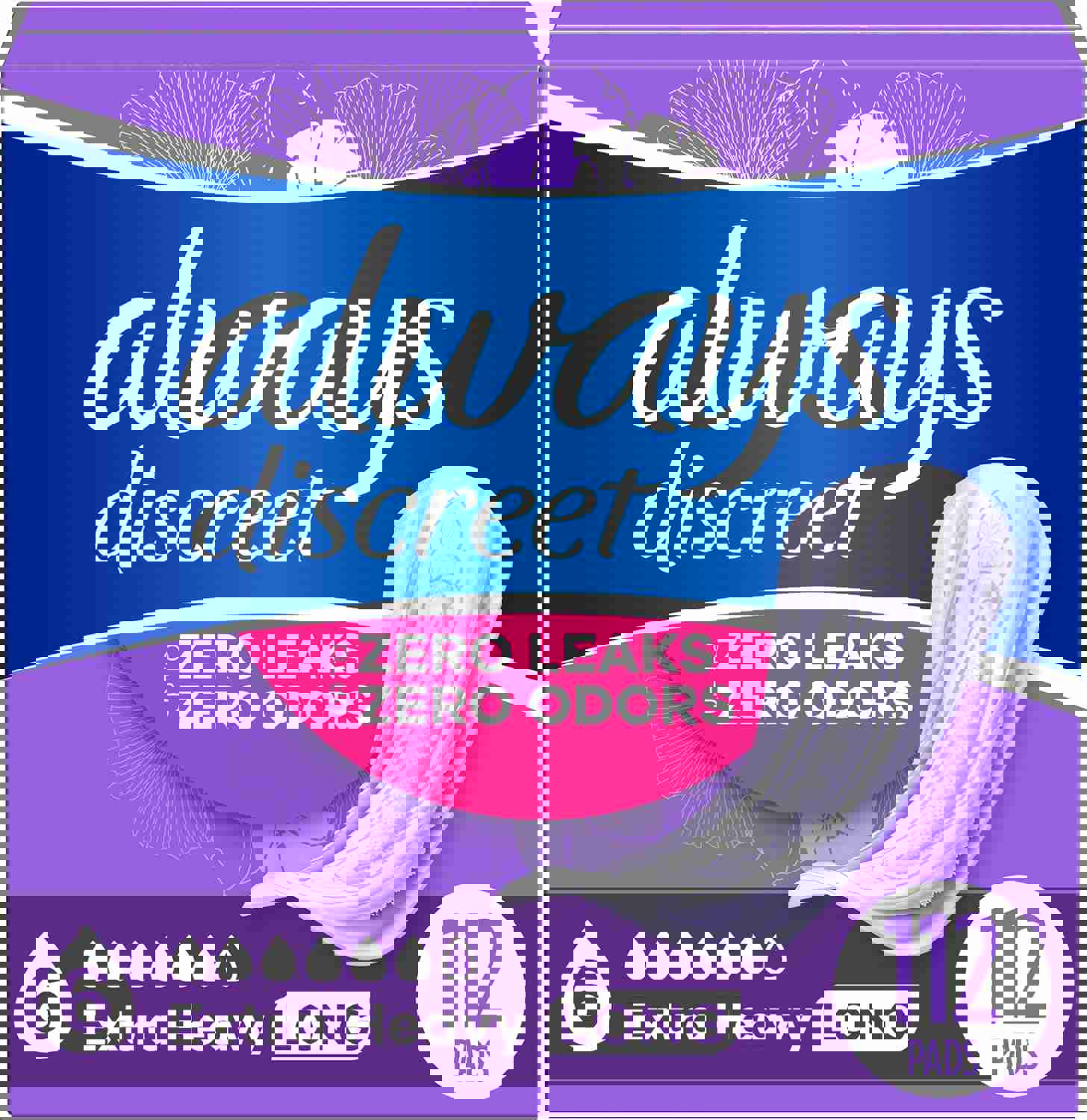 Always Discreet Adult Incontinence Pads for Women, Extra Heavy Absorbency, Long Length, Postpartum Pads, 112 CT
