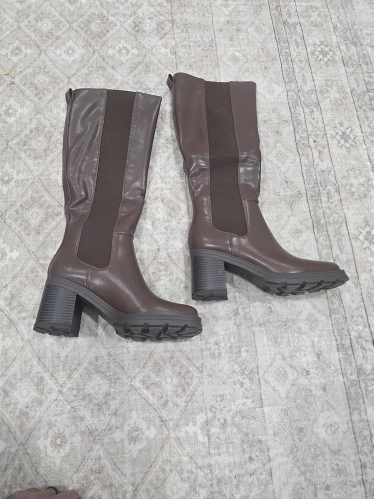 Knee High Boots Women Chelsea Platform Chunky Boots Slip on Faux Leather Square Toe Fall Long Tall Boots for Women
