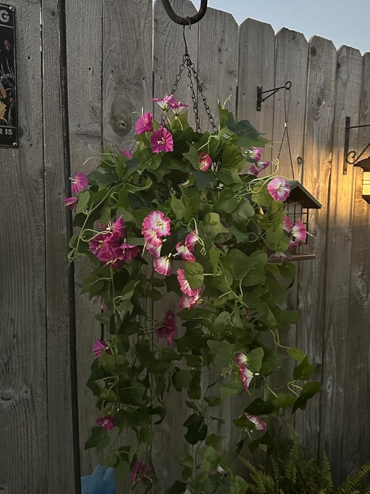 Artificial Fake Hanging Flowers Plants Basket for Spring Outdoor Outside Decoration, UV Resistant Faux Plastic Fabric Flower Morning Glory Wisteria Petunia for Garden Porch Patio Balcony Yard Decor