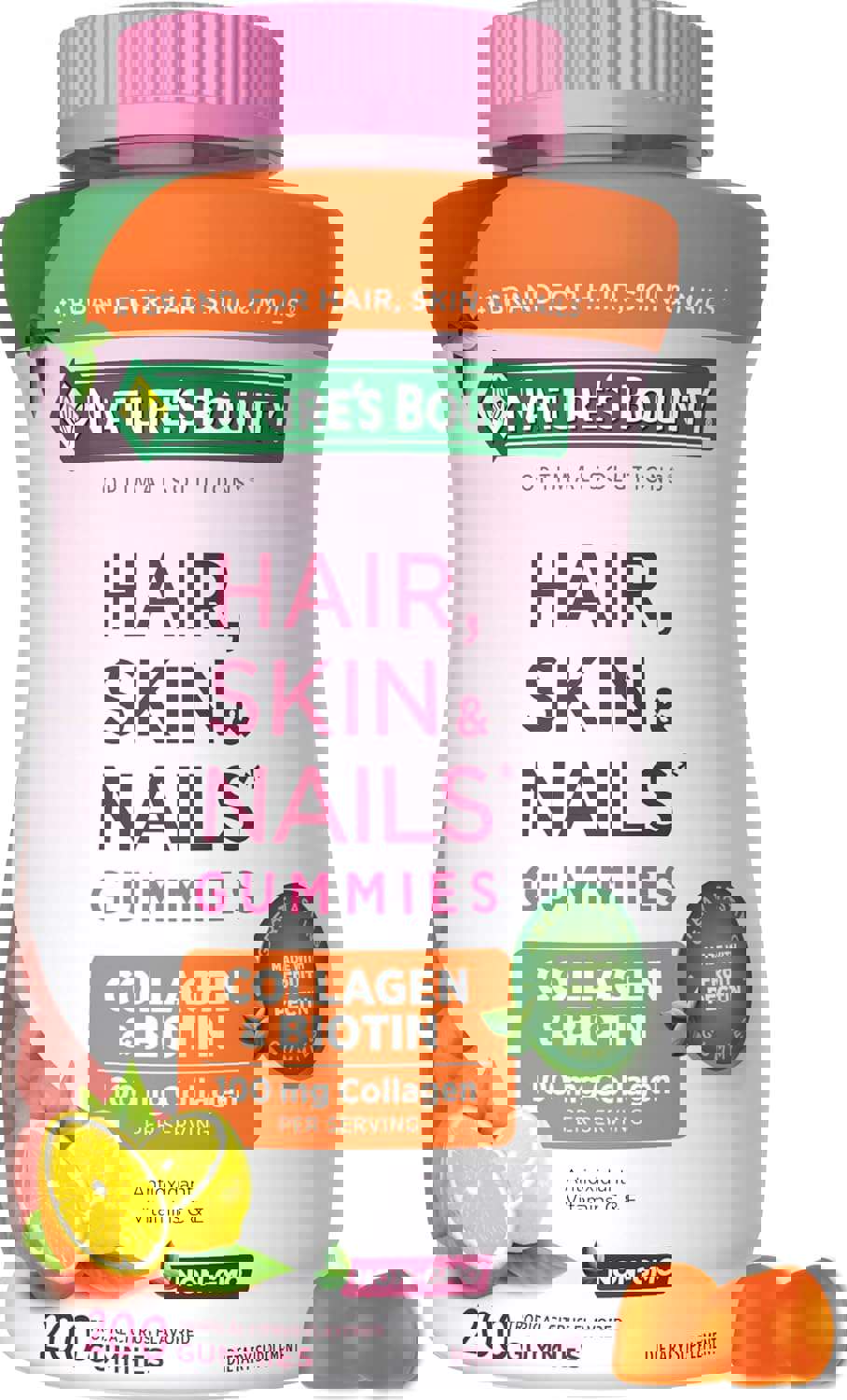 Nature's Bounty Optimal Solutions Hair, Skin and Nails Collagen Pectin Gummies, 100 mg Collagen and 2,500 mcg Biotin Per Serving, No Stick Gummy, Tropical Citrus Flavor, 200 ct, 100 Total Servings