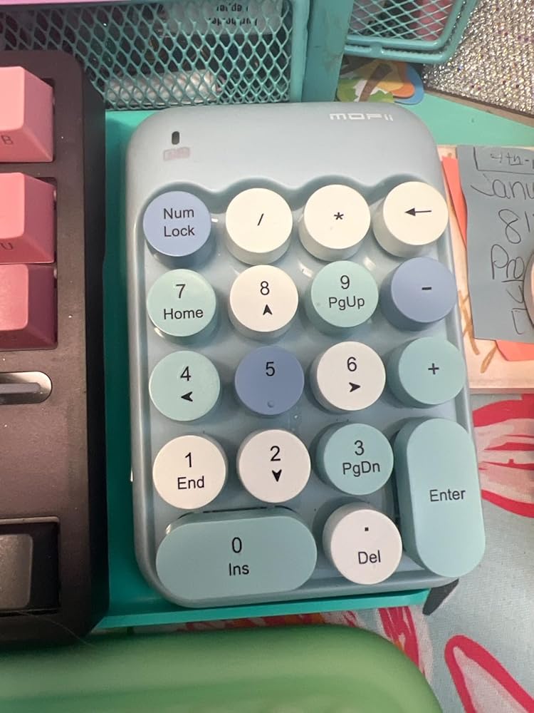 MOWUX Wireless Number Pads, Cute Colorful Numeric Keypad Numpad Portable 2.4 GHz Financial Accounting Number Keyboard Extensions, 18 Key Number Numpad for Laptop Desktop, PC (Pink)