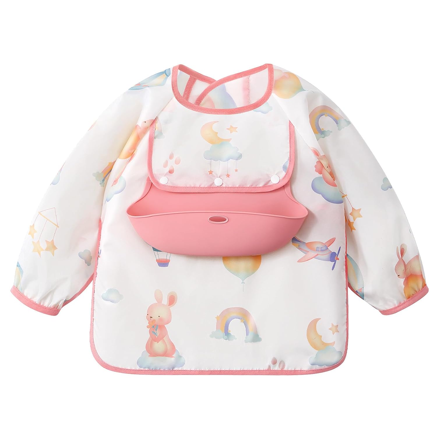 usbettas Long Sleeve Bib with Silicone Catch Pocket, Waterproof Feeding Bibs for Toddlers, Machine Washable, Baby Smock Bib for Mealtime &amp;amp; Playtime (6-12 Months, Rabbit)