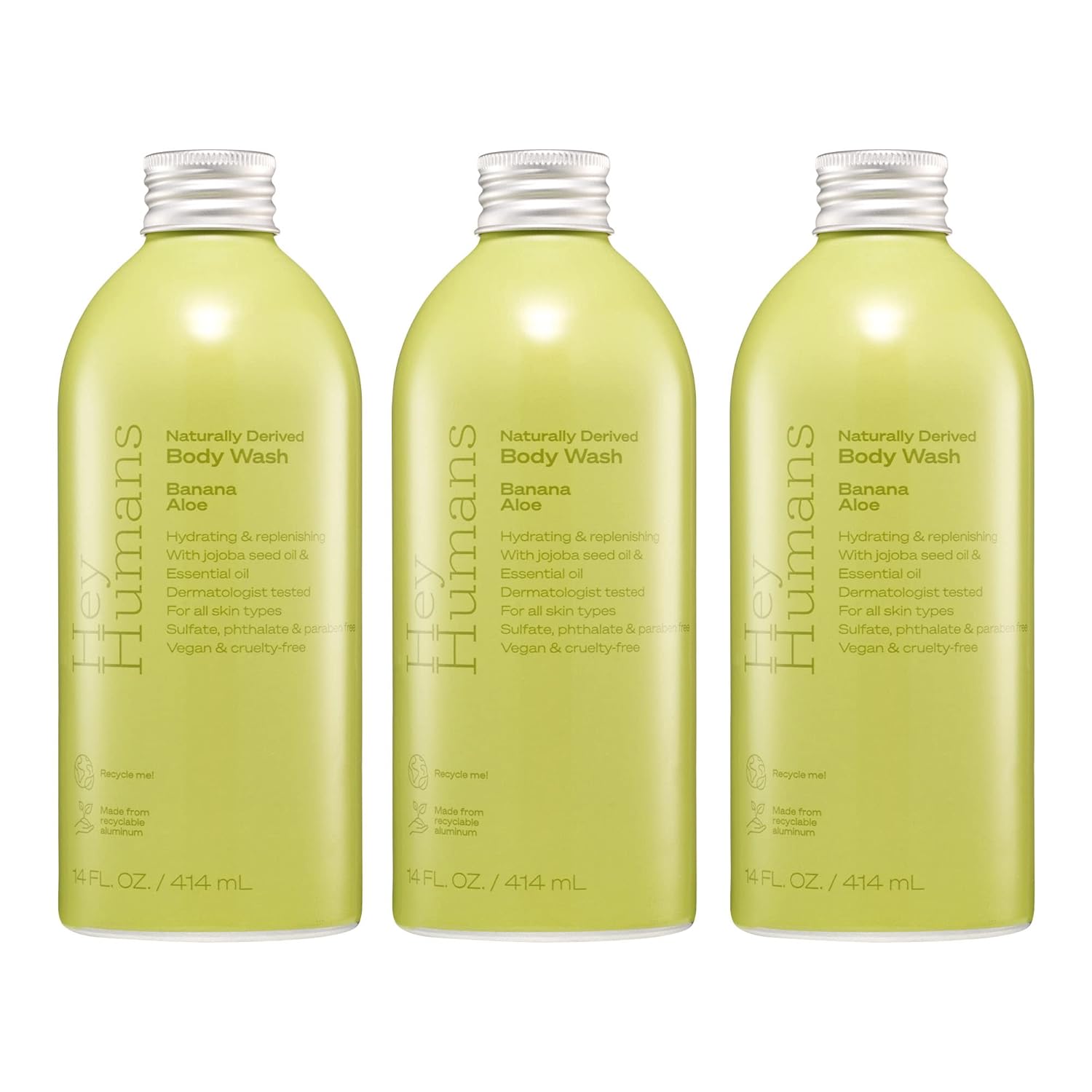 Hey Humans Banana Aloe Moisturizing Body Wash with Natural Ingredients &amp; Jojoba Oil | Clean, Vegan, Sulfate Free Bath &amp; Body Wash for Women &amp; Men | Recyclable Bottle, 14 fl. oz. - Pack of 3