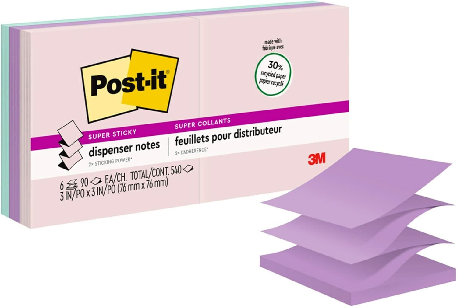 Post-it Super Sticky Pop Up Notes, 3 in x 3 in, 6 Pads, 90 Sheets/Pad, 2x the Sticking Power, Wanderlust Pastels Collection