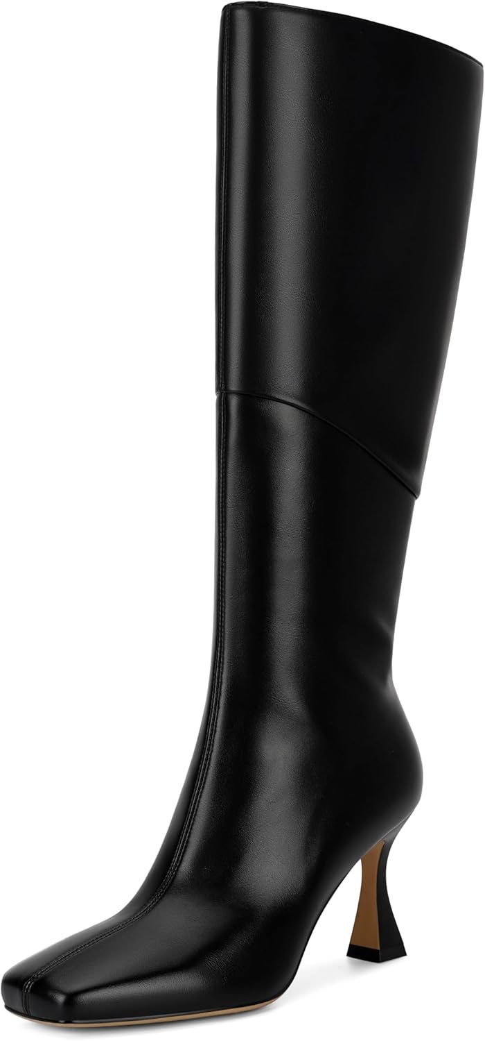 DOEYG Black Leather Knee High Boots for Women Kitten Heel Tall Boots Square Toe Stiletto Heels Heeled Boots Dressy Fashion Long Boots with Side Zipper