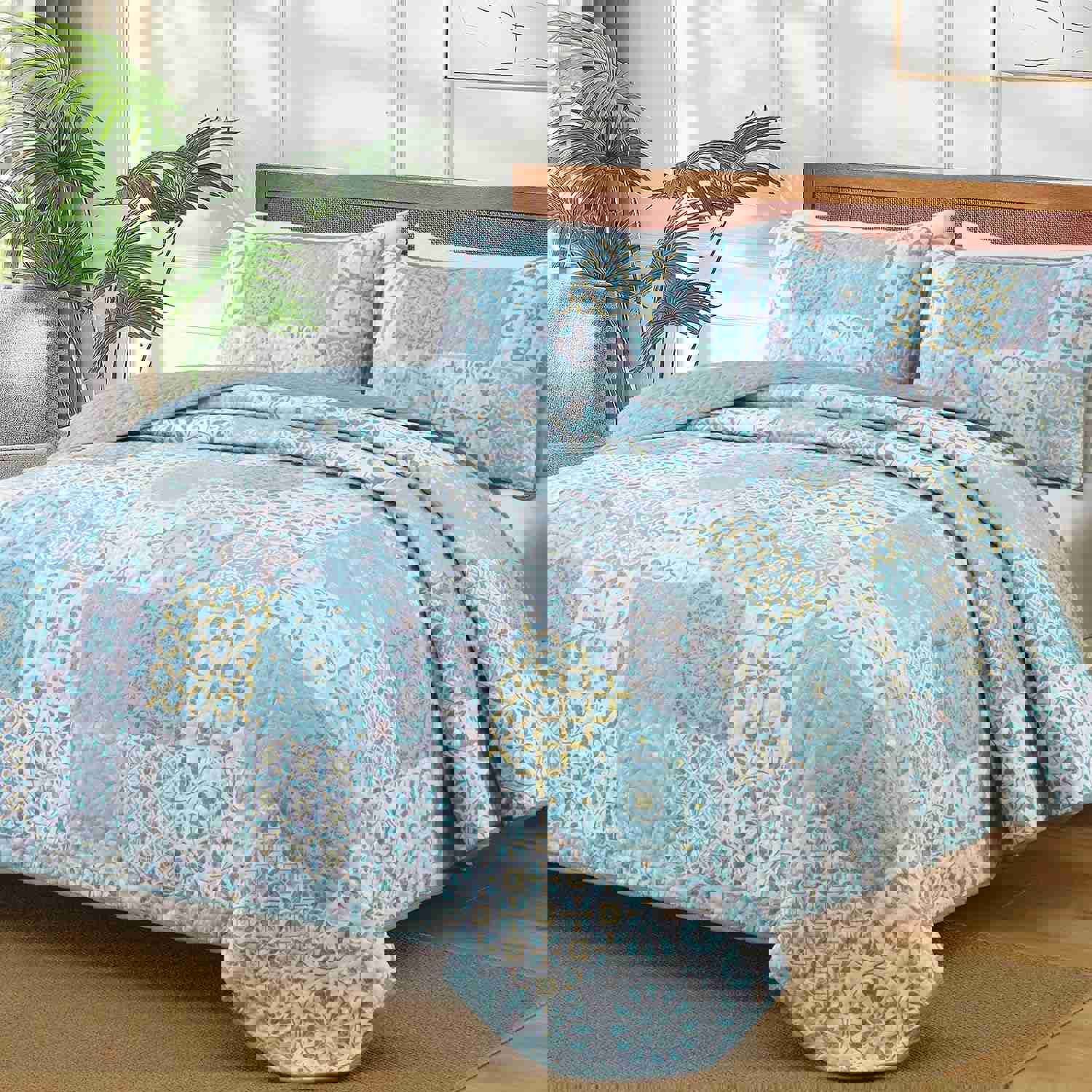 Dobuyly Patchwork Quilt Set Queen Size, Aqua Blue Boho Summer Bedspreads Coverlet Set, 3 Pieces Soft Lightweight Microfiber Quilt Bedding Set for All Seasons 96&amp;#34;x90&amp;#34;