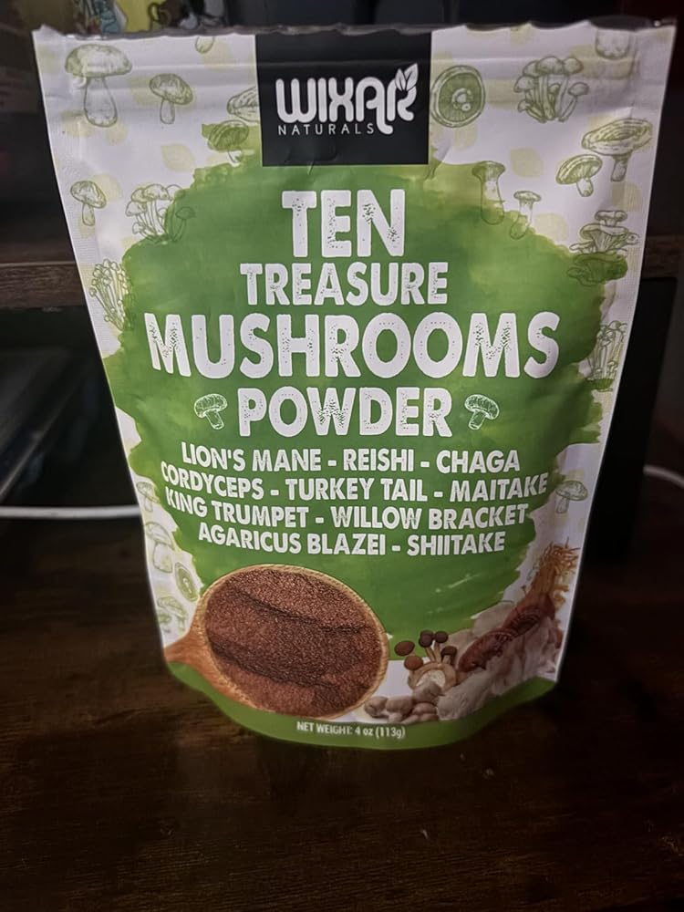 Wixar Mushroom Powder - Ten Treasure Mushrooms Extract Supplement Blend for Coffee &amp; Smoothies - Lions Mane, Turkey Tail, Reishi, Chaga, Shiitake, Cordyceps, Complex - 4oz Mushroom Supplement